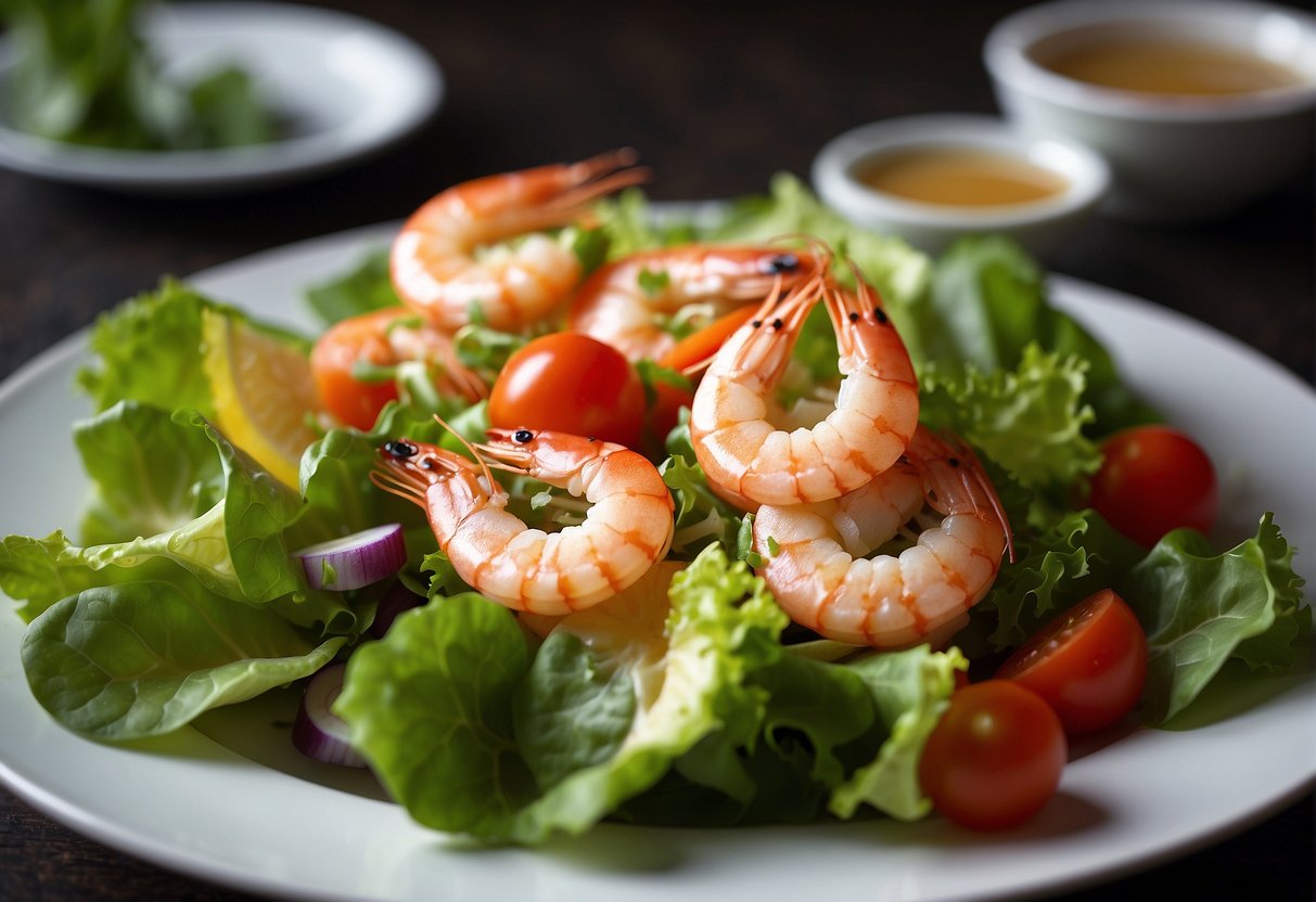 Fresh prawns, crisp lettuce, and colorful vegetables are being carefully arranged on a plate, drizzled with a tangy dressing