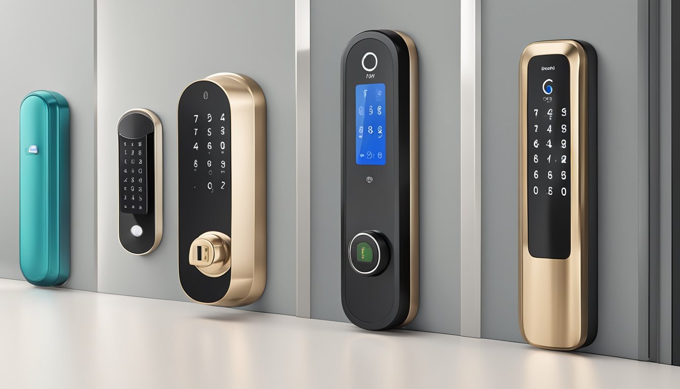A display of top smart lock brands and models arranged on a sleek, modern backdrop. Each lock is showcased with its unique features and design