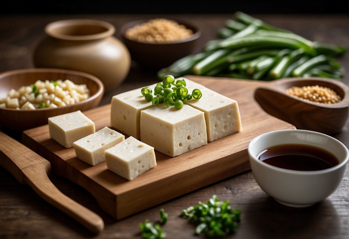 A block of tofu sits on a cutting board, surrounded by diced scallions, minced ginger, and a bowl of soy sauce. A chef's knife and a mixing bowl are nearby