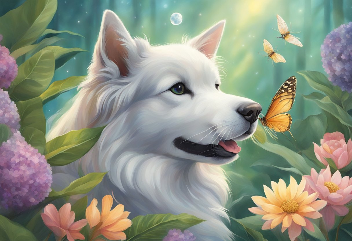 A pet psychic connects with a cat and dog, surrounded by calming energy and natural elements, such as plants and crystals. The pets appear relaxed and receptive to the psychic's communication