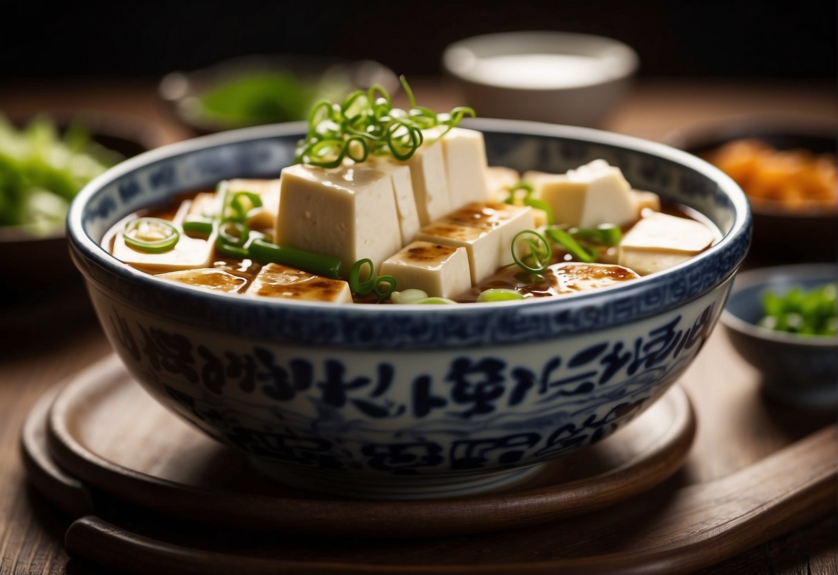 A steaming bowl of cold tofu sits on a wooden table, surrounded by traditional Chinese ingredients like soy sauce, sesame oil, and green onions. The dish carries cultural significance in Chinese cuisine