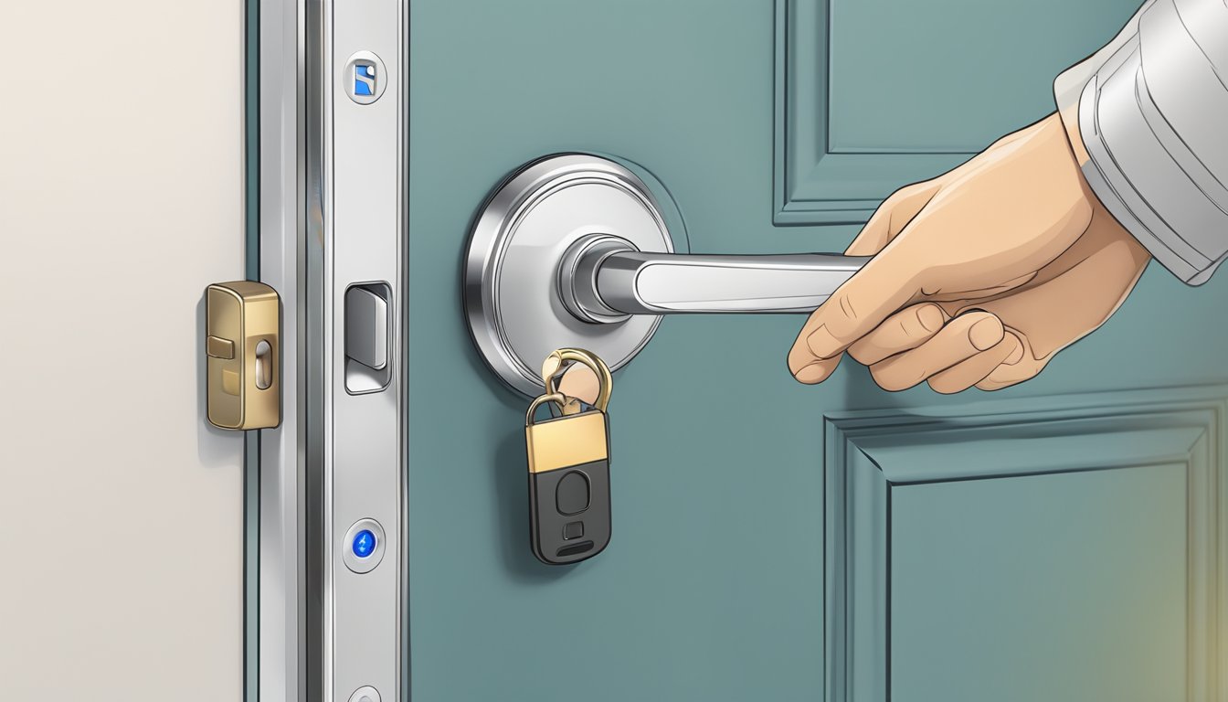 A smart lock being installed on a door with a focus on security features