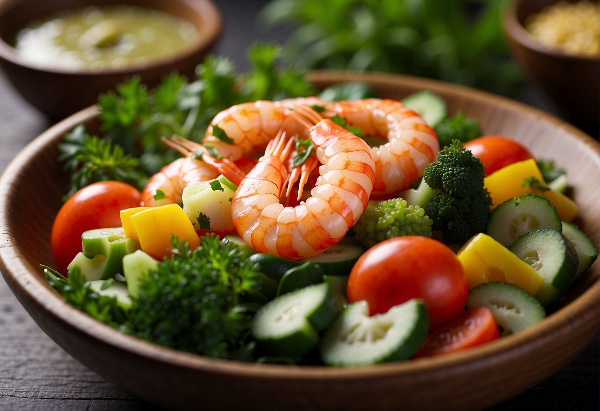 A colorful array of fresh vegetables, succulent prawns, and a light, tangy dressing arranged in a bowl. The ingredients are neatly labeled with their nutritional information