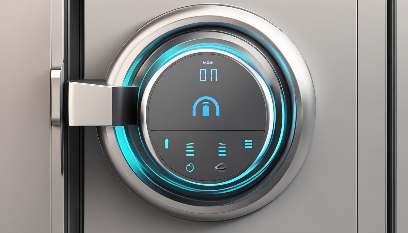 A sleek, modern smart lock with advanced features and a seamless user experience, integrated into a stylish and secure door