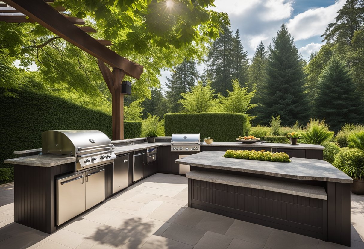 A spacious outdoor kitchen with a stone countertop, stainless steel appliances, and a built-in grill surrounded by lush greenery and a cozy seating area