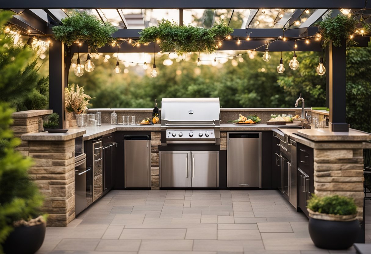 A spacious outdoor kitchen with a built-in grill, bar seating, and a stone countertop surrounded by lush greenery and string lights