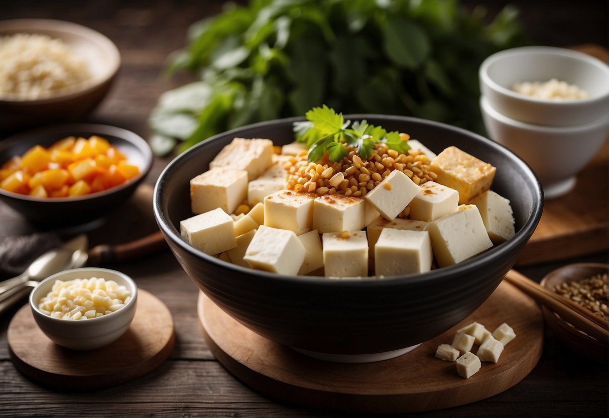 A bowl of cold tofu sits on a wooden table, surrounded by various ingredients and utensils. A Chinese recipe book is open to the "Frequently Asked Questions" section