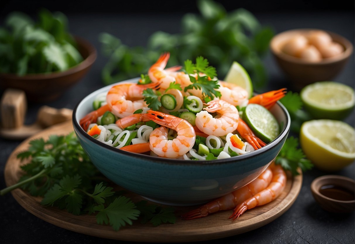 A colorful bowl of cold prawn salad surrounded by traditional Chinese ingredients and garnished with fresh herbs