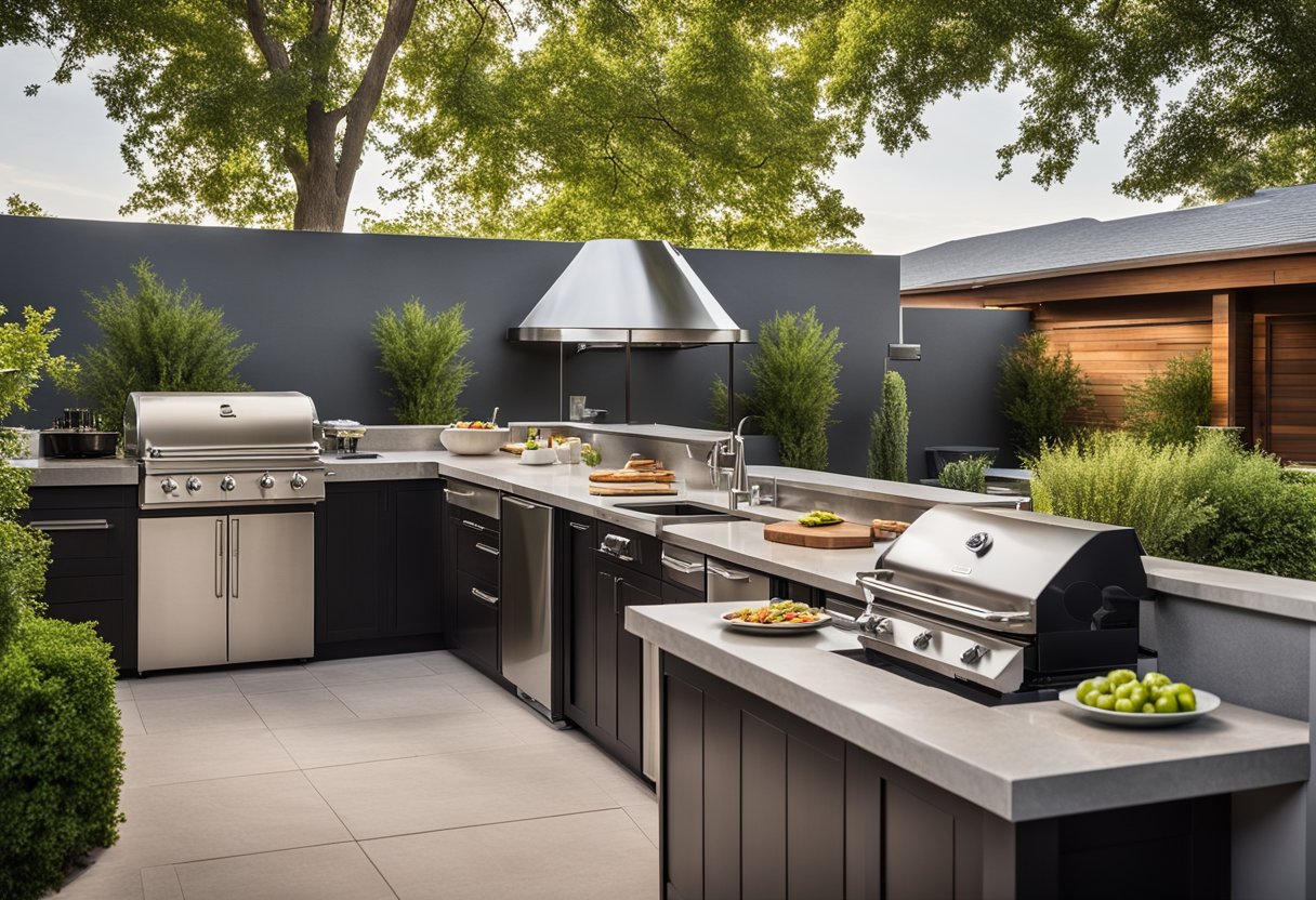 A spacious outdoor area with a sleek, modern kitchen setup, complete with stainless steel appliances, a large grill, and plenty of counter space for food prep and entertaining