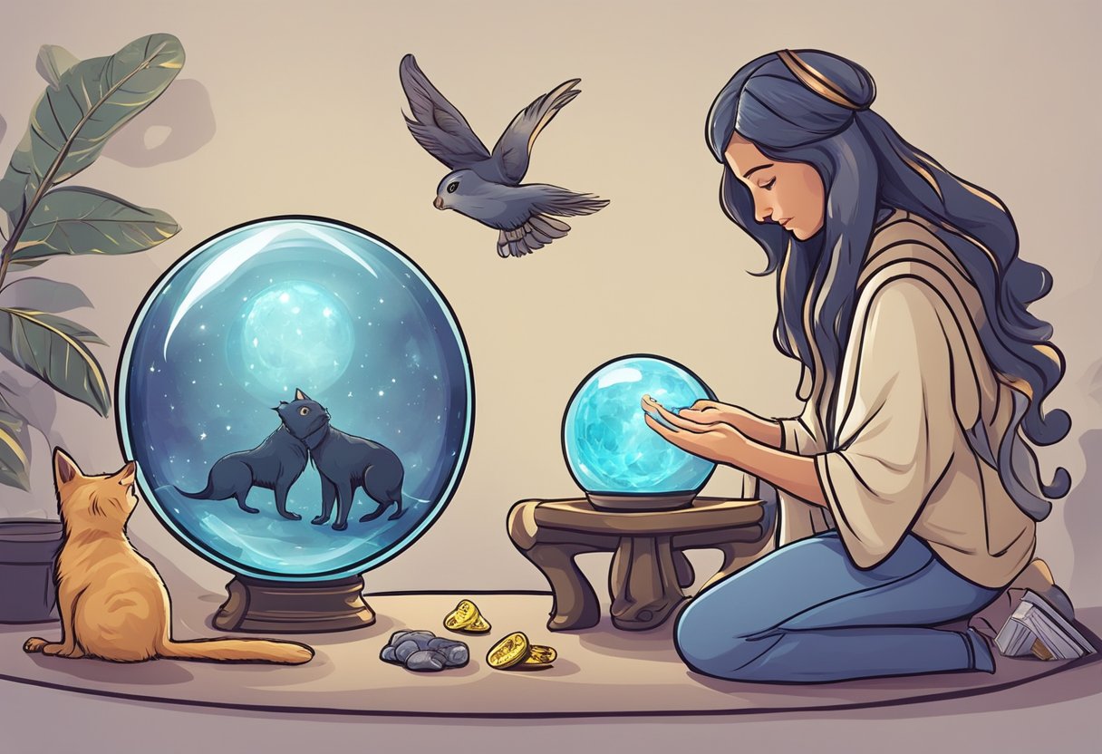 A pet psychic connects with a lost pet online, using a crystal ball and tarot cards to communicate with the animal's spirit