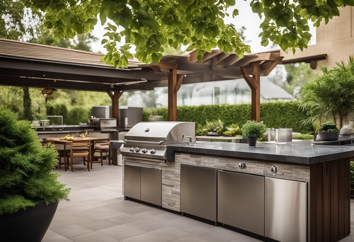 A spacious outdoor kitchen with a sleek stainless steel grill, stone countertops, and a cozy dining area surrounded by lush greenery