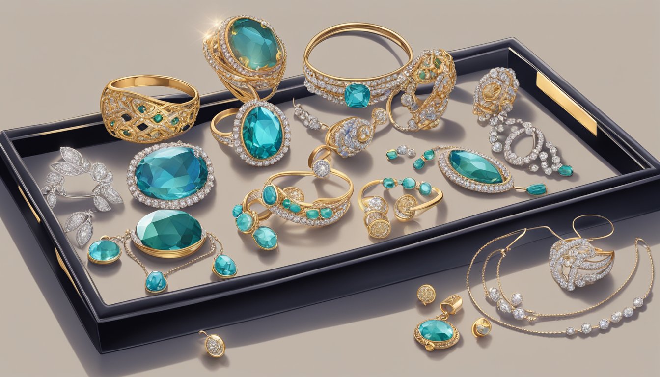 A display of elegant jewelry pieces arranged on a velvet-lined tray, catching the light and reflecting a subtle sparkle