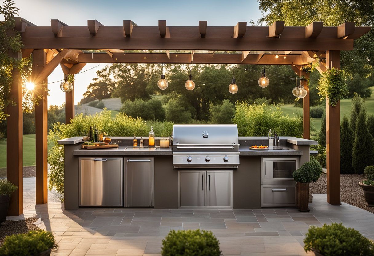 An outdoor kitchen with a built-in grill, sink, and countertop. A pergola provides shade, while string lights create a cozy ambiance