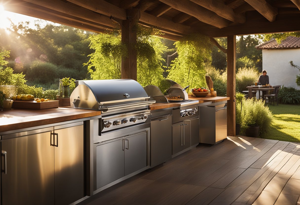 The outdoor kitchen is bathed in warm, golden sunlight, casting long shadows on the rustic wooden countertops and gleaming stainless steel appliances. The surrounding greenery creates a peaceful and inviting ambiance