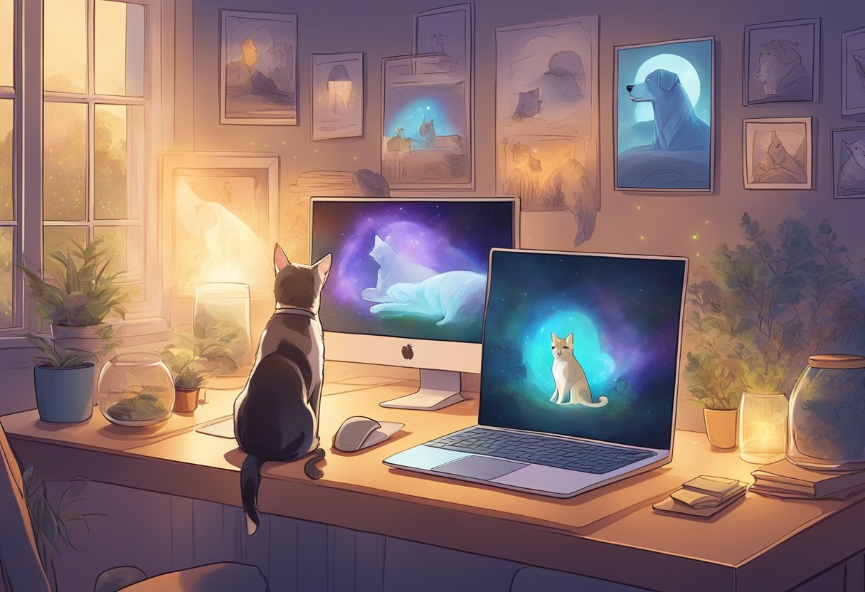 A pet owner sits in front of a computer, surrounded by photos of their deceased pets. A glowing aura surrounds the owner, connecting them to the spirits of their beloved animals