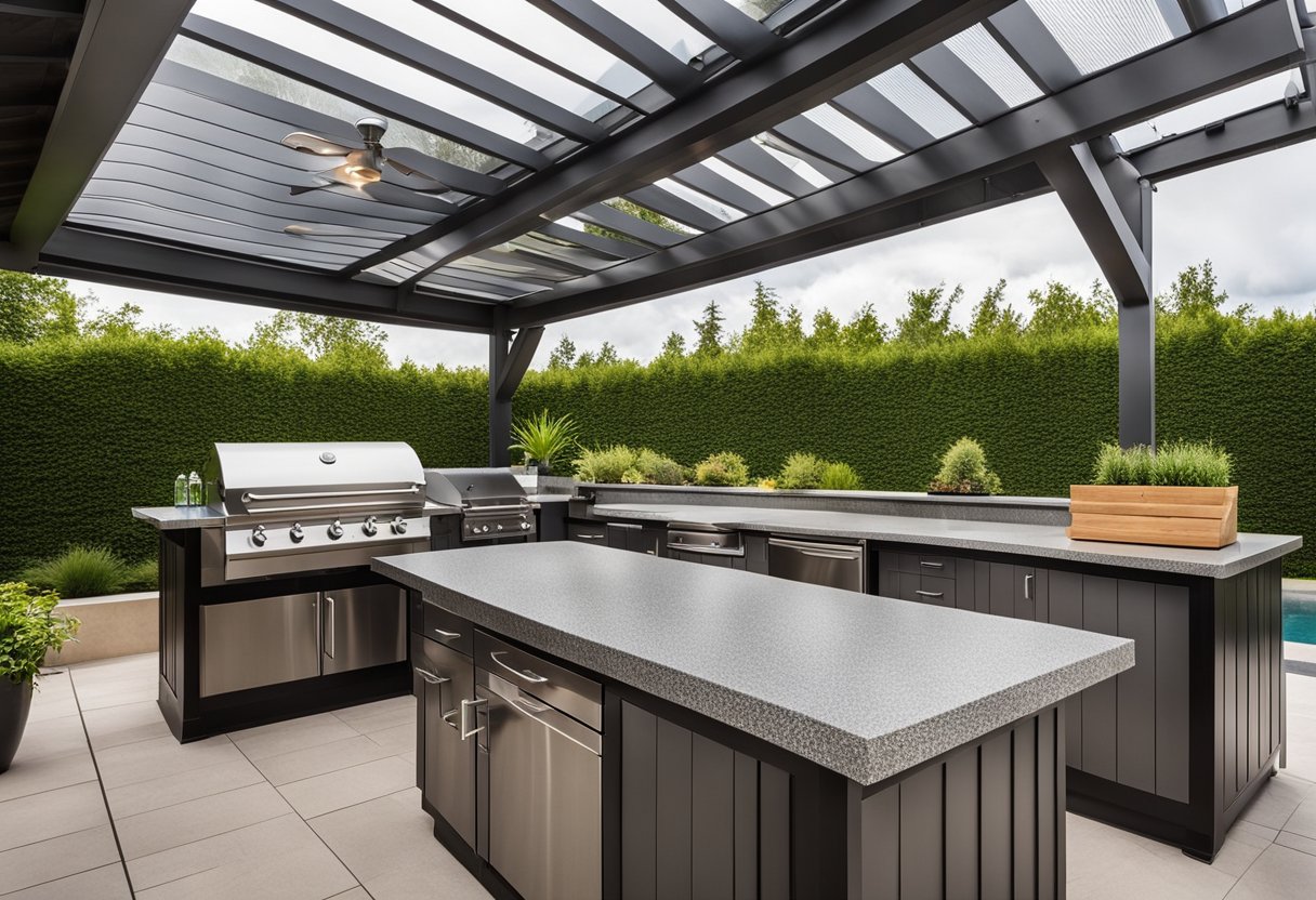 An outdoor kitchen with a durable, weatherproof design featuring a built-in grill, stainless steel countertops, and a covered dining area