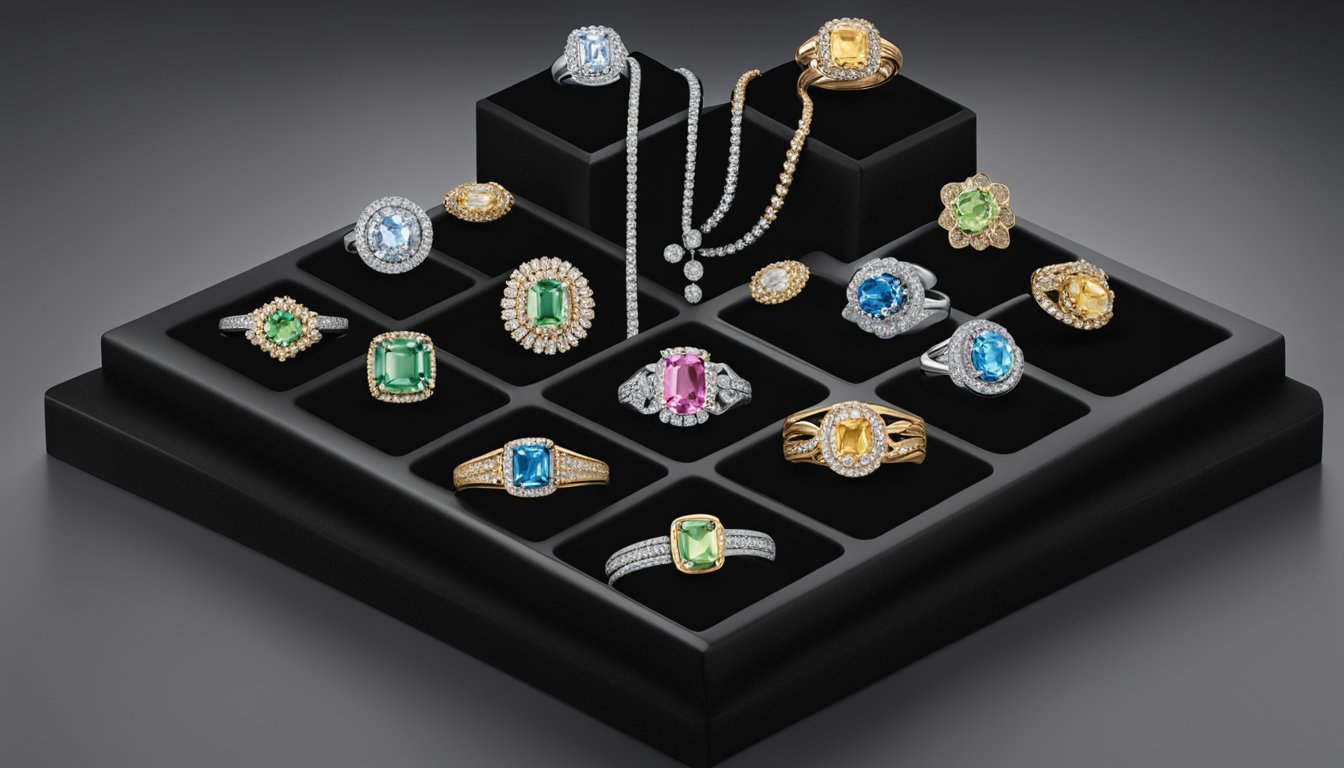 A sparkling display of Brand Genesis's exquisite jewelry, arranged on a sleek black velvet display