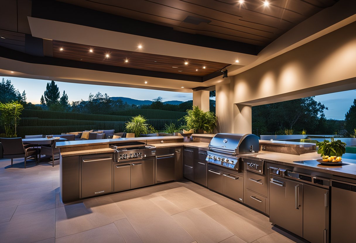 A modern outdoor kitchen with sleek appliances, a built-in grill, and a large entertainment system, surrounded by comfortable seating and ambient lighting