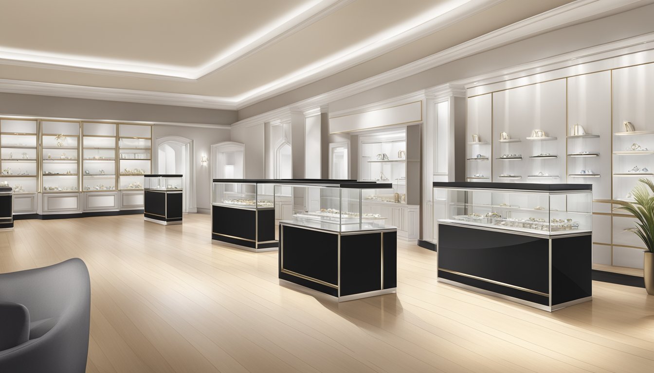 A sleek, modern jewelry store with elegant displays and a prominent "Signature Collections" logo