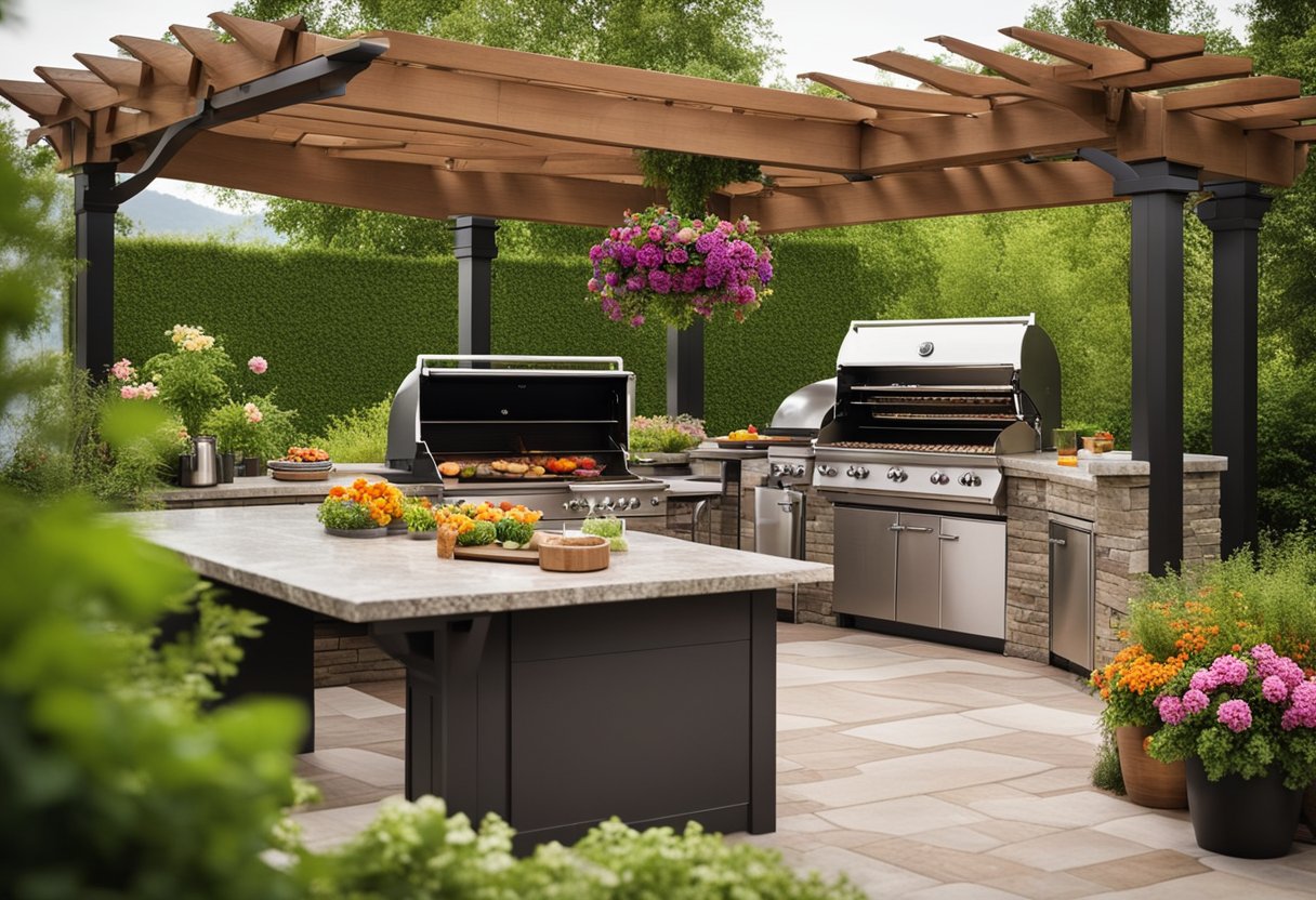 An outdoor kitchen with a stone island, stainless steel appliances, surrounded by lush greenery and colorful flowers. A pergola provides shade, and string lights create a cozy atmosphere