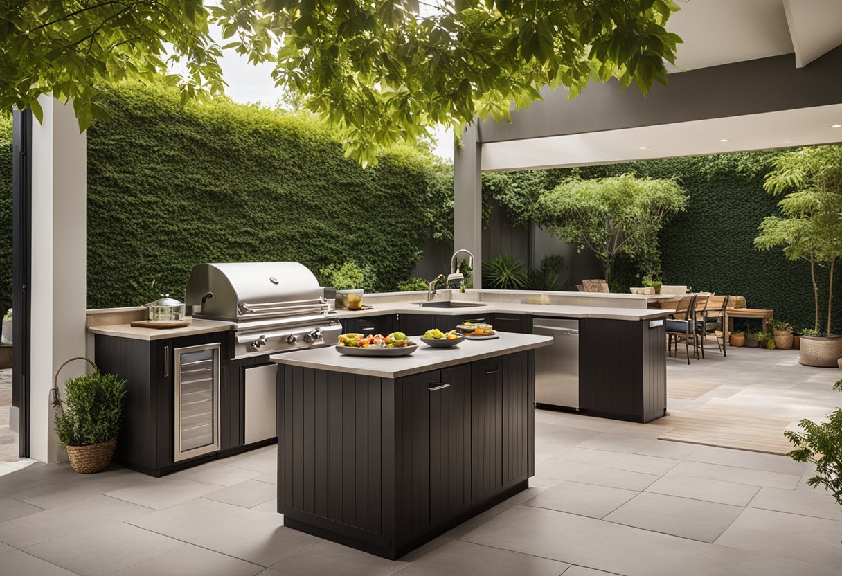 A clean, organized outdoor kitchen with modern appliances and ample storage space, surrounded by lush greenery and comfortable seating areas