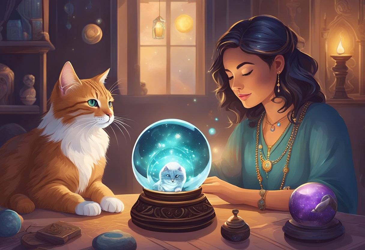 A pet psychic connecting with a client's cat through a crystal ball, surrounded by calming incense and mystical symbols