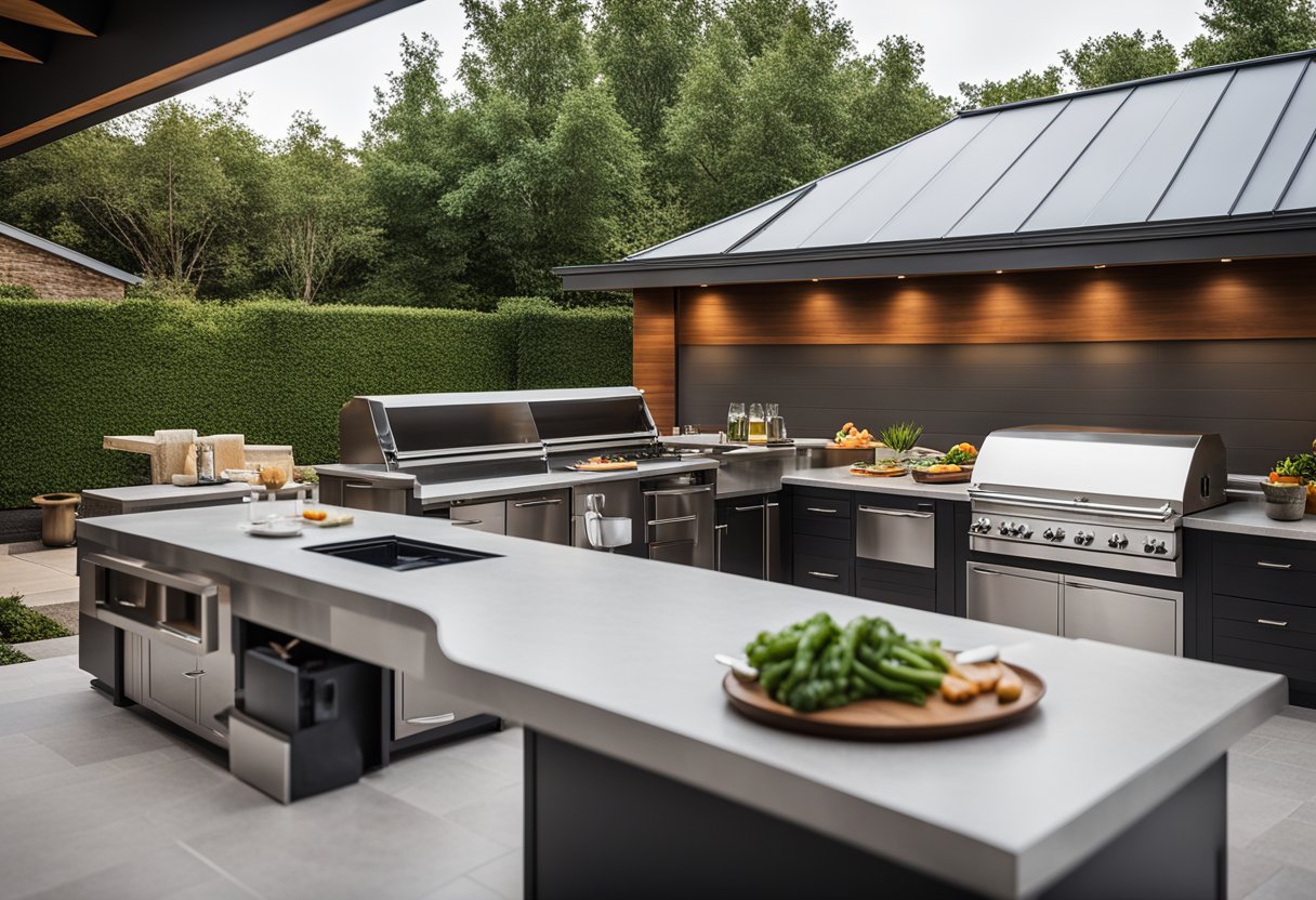 An outdoor kitchen with a sleek, modern design featuring stainless steel appliances, a large cooking area, and plenty of counter space for food prep and entertaining