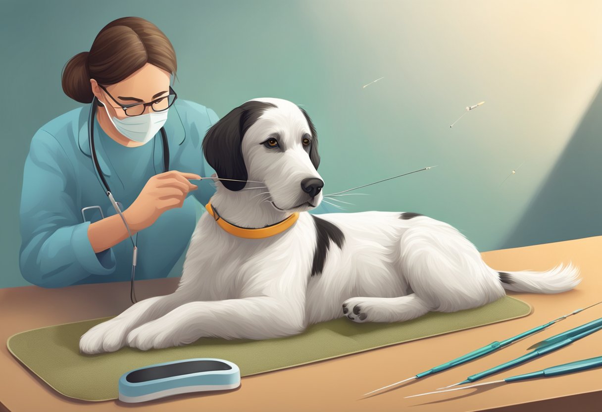 A pet lying on a comfortable surface, with a veterinarian carefully inserting acupuncture needles into specific points on the animal's body