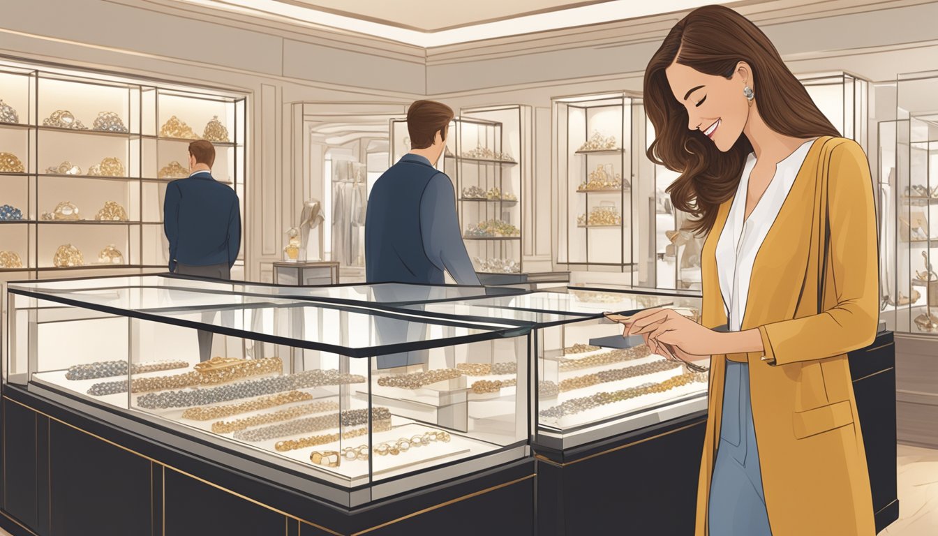 A customer happily browsing a display of elegant jewelry in a well-lit boutique setting