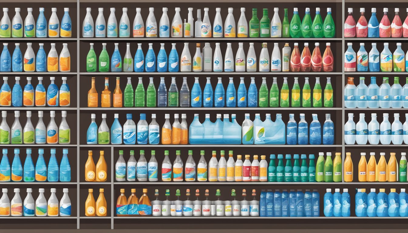 Various bottled water brands displayed on shelves, with prominent logos and labels. Sales data charts in the background