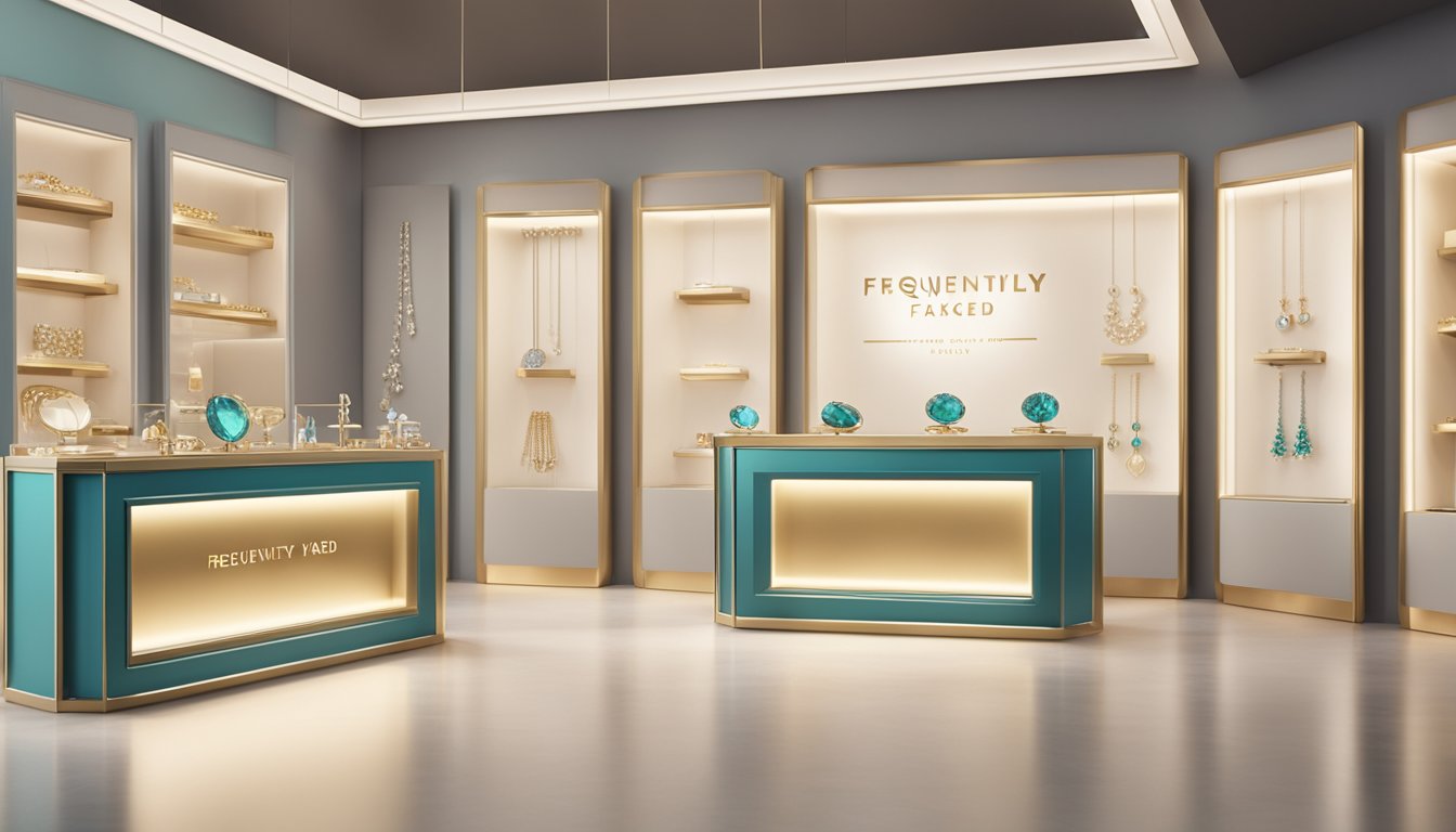 A display of jewelry with a sign reading "Frequently Asked Questions" in a modern, minimalist setting