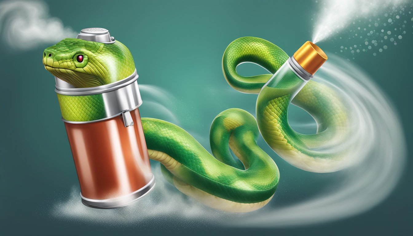 A snake brand spray canister releasing mist into the air