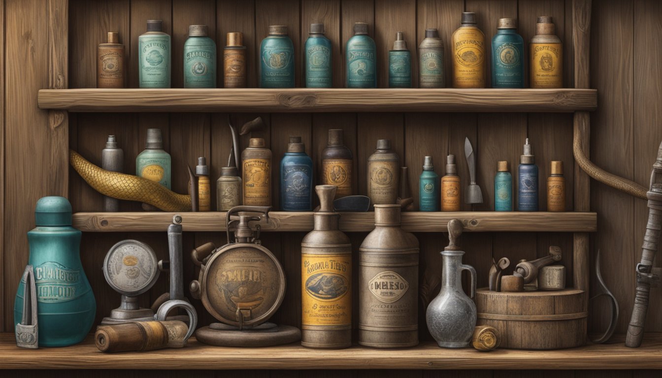 A vintage snake brand spray sits on a weathered wooden shelf, surrounded by antique bottles and tools, evoking a sense of history and legacy