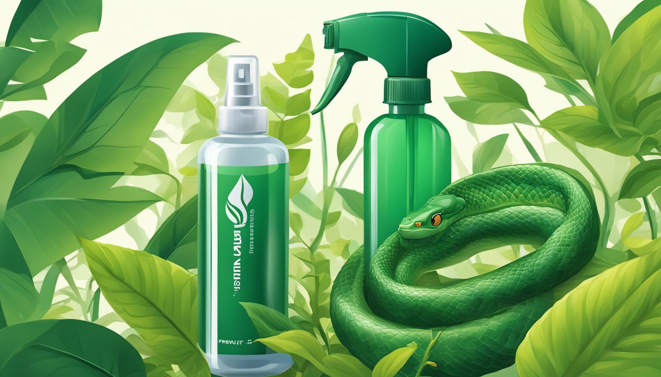 A snake brand spray bottle surrounded by vibrant green leaves and a snake slithering nearby, symbolizing health benefits