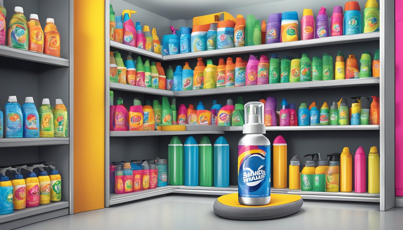 A snake brand spray bottle stands out on a cluttered shelf, with its distinctive logo and bright colors