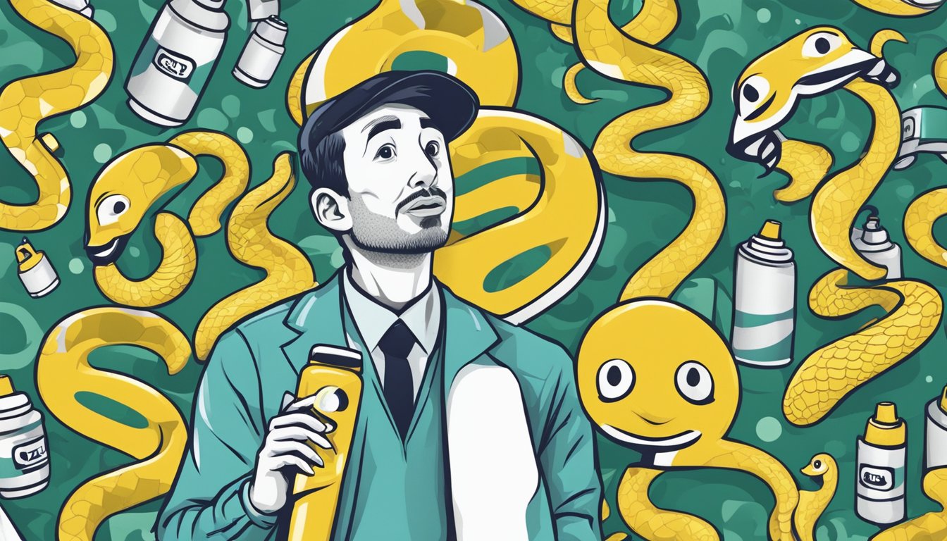 A snake brand spray can surrounded by question marks and a puzzled expression on a customer's face