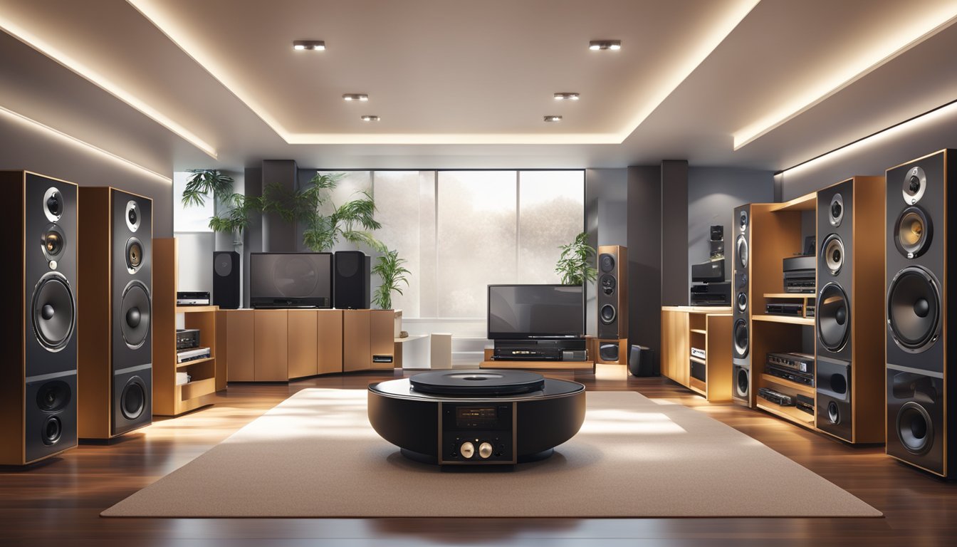 A sleek, modern showroom displays high-end hifi brands. Shelves hold polished speakers, amplifiers, and turntables. Soft lighting highlights the luxurious equipment