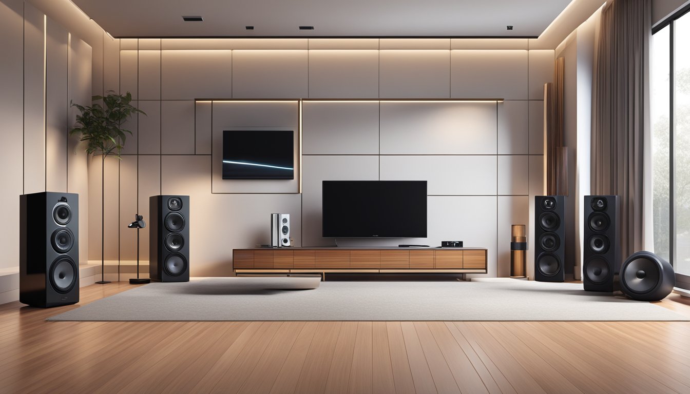 A sleek, modern room with a minimalist design. A prominent hi-fi system sits on a polished wooden shelf, surrounded by high-end speakers and audio equipment. Subtle lighting enhances the luxurious ambiance