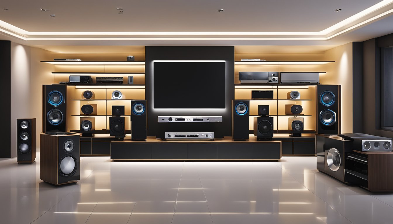 A sleek, modern showroom displays iconic high-end hi-fi brands. Shelves lined with cutting-edge speakers, amplifiers, and turntables. Glowing LED screens showcase top-of-the-line audio equipment