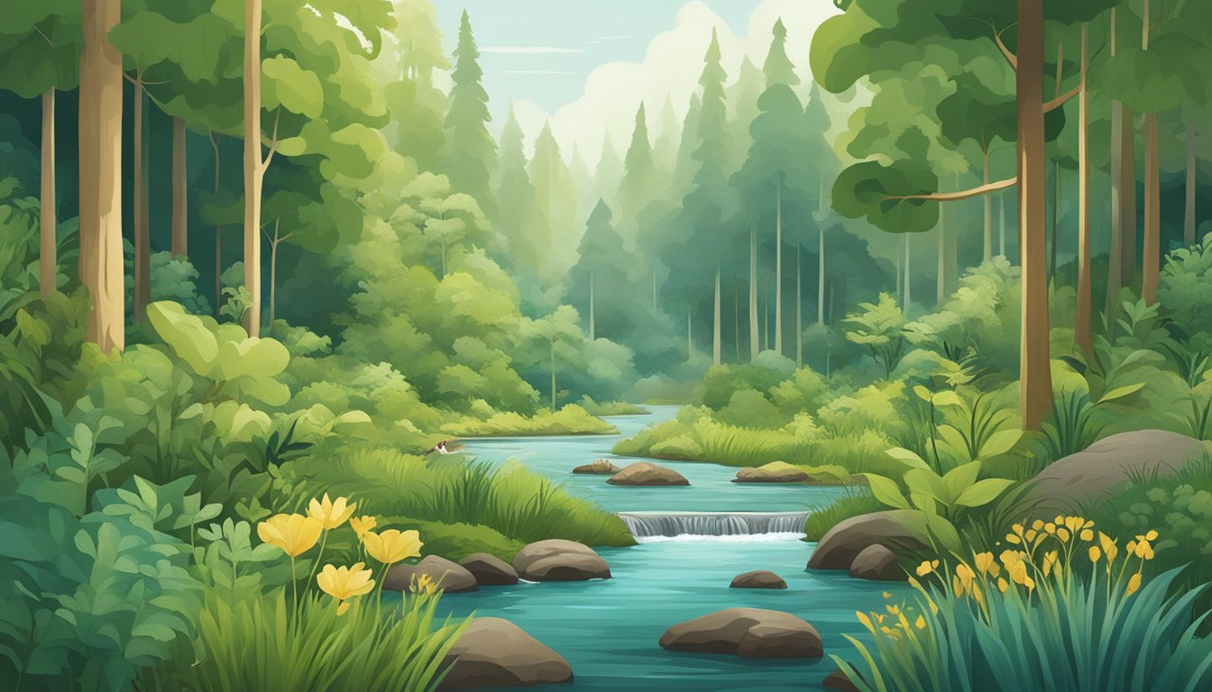 A lush green forest with a clear stream running through, surrounded by diverse wildlife and plant life, showcasing the brand's commitment to sustainability and minimal environmental impact