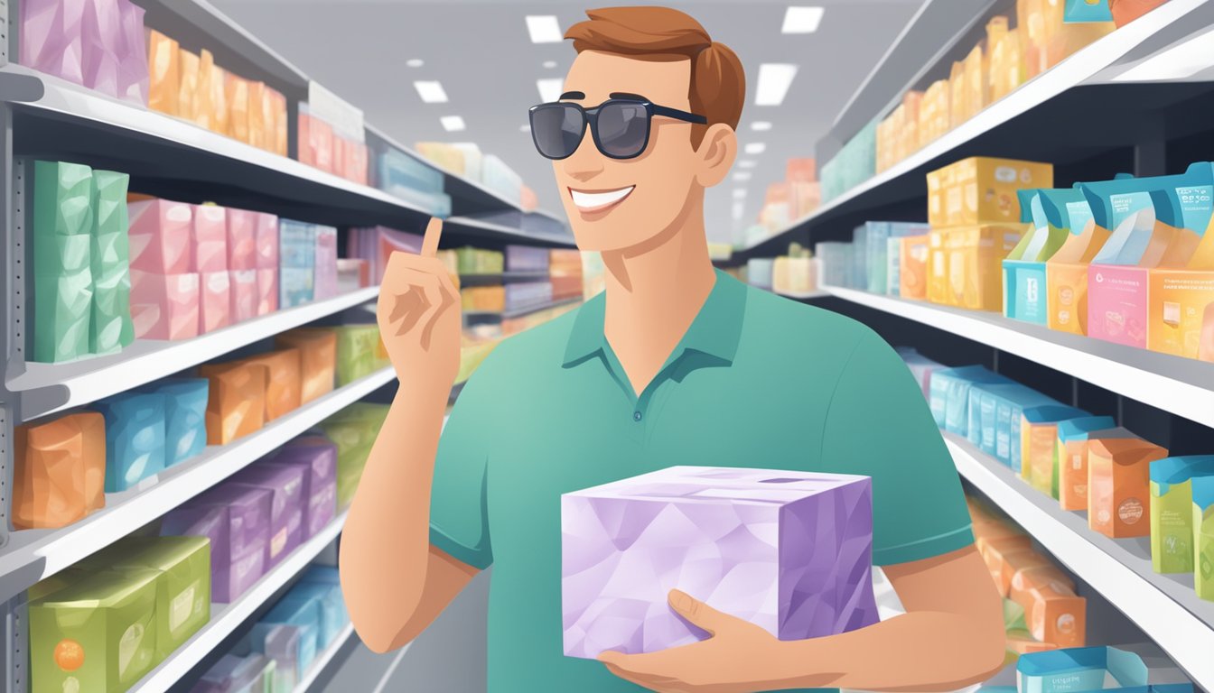A person holding a soft tissue box, surrounded by various options in a store aisle