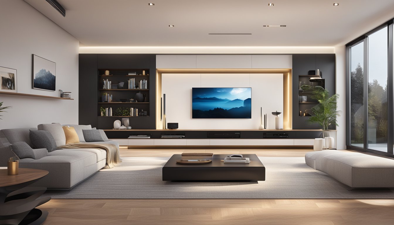 A sleek, modern living room showcases high-end audio components from top hifi brands. The equipment is elegantly displayed on custom shelves, with soft ambient lighting highlighting their premium design