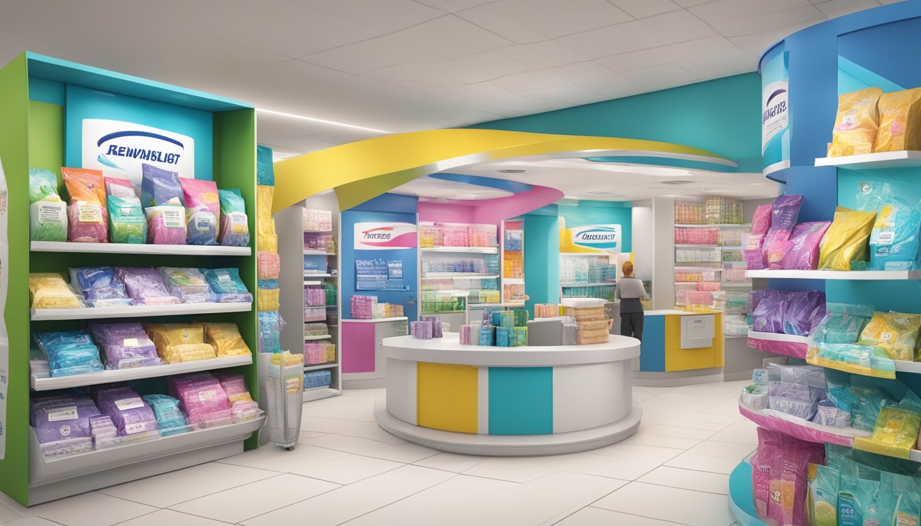 A vibrant display of soft tissue packages arranged in an eye-catching manner, surrounded by bold branding and promotional signage