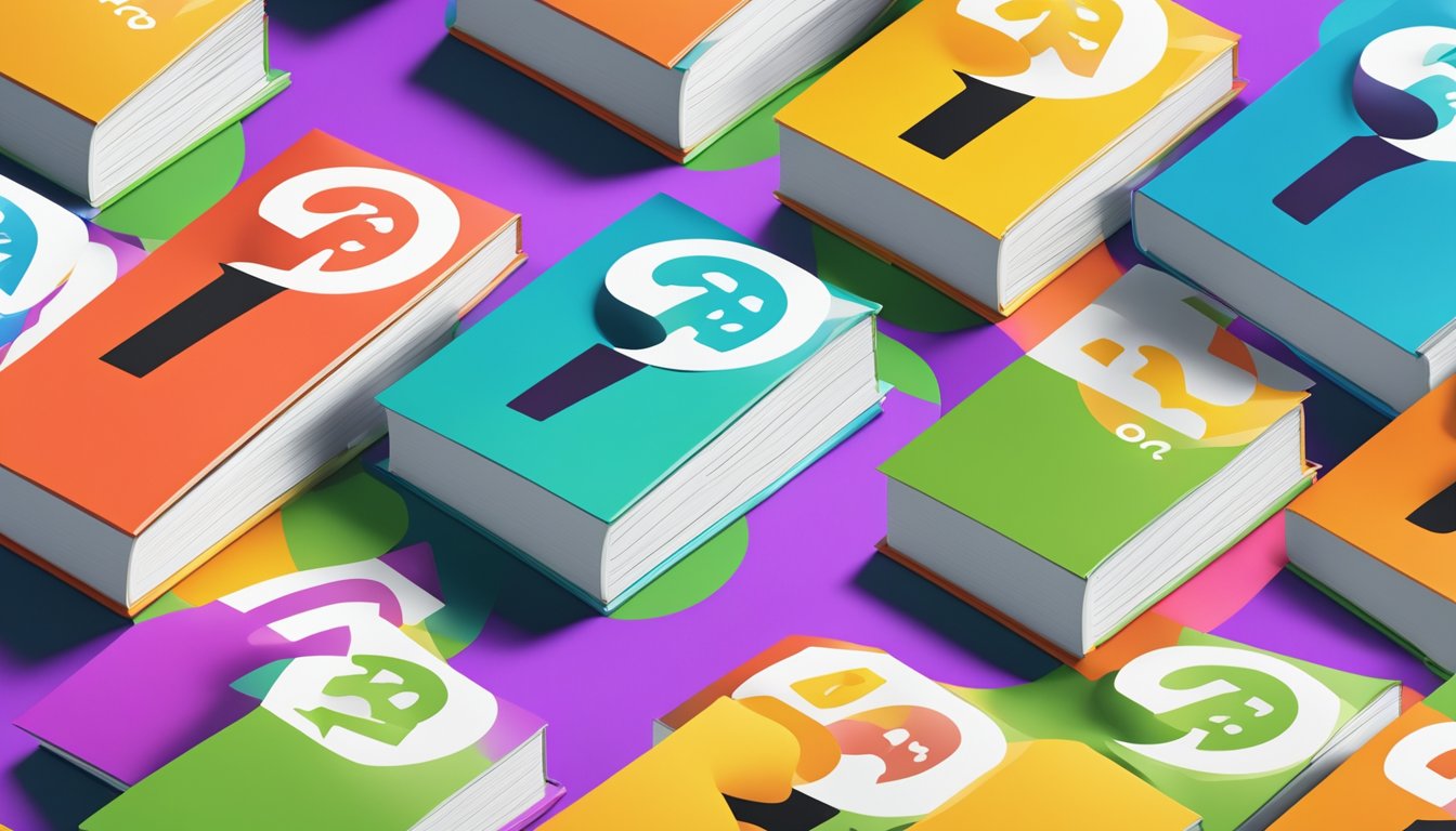 A stack of colorful FAQ booklets with the brand logo on the cover, surrounded by a group of people with question marks floating above their heads
