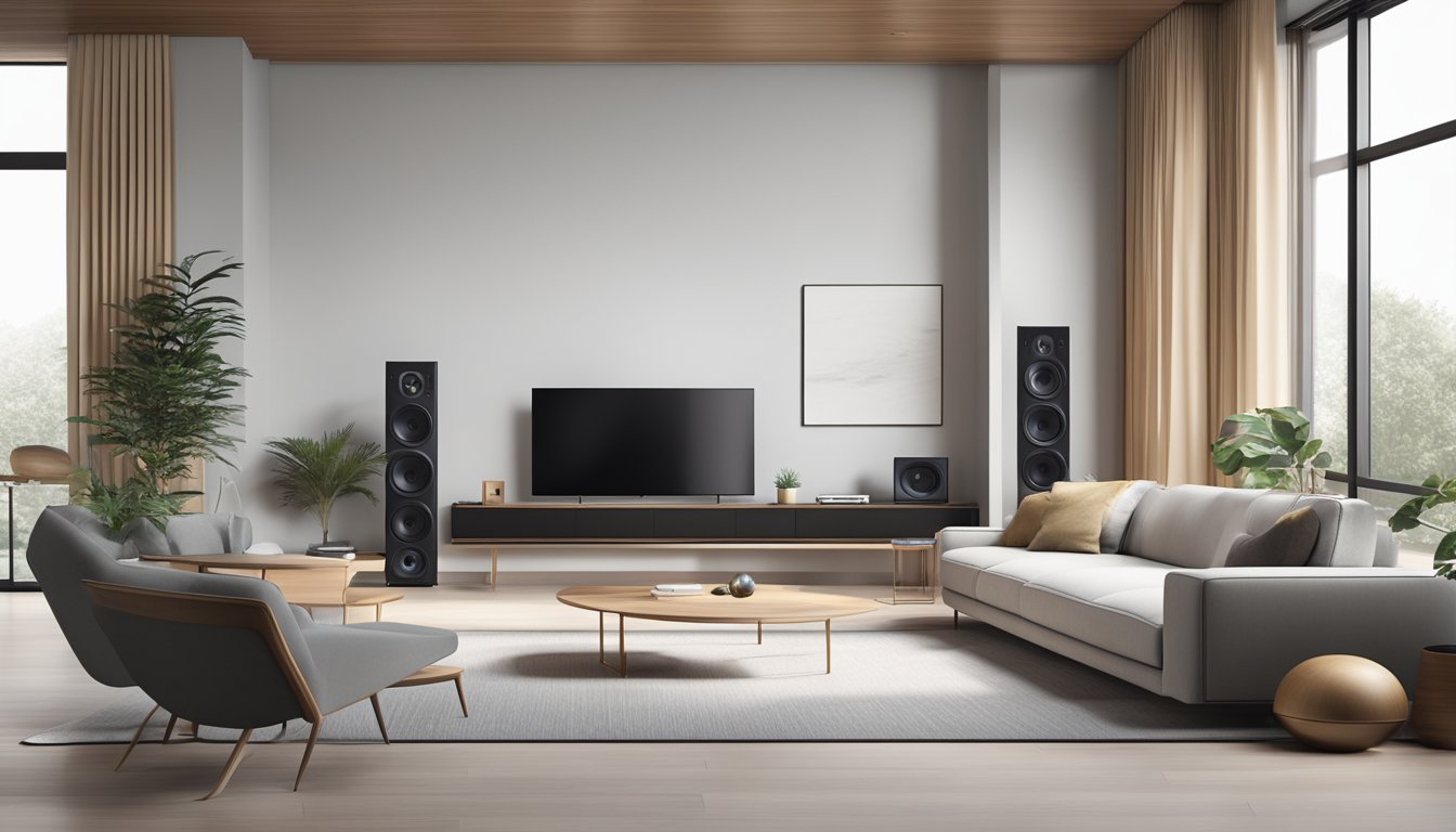 A sleek, minimalist living room with state-of-the-art audio equipment from top hifi brands seamlessly integrated into the modern decor