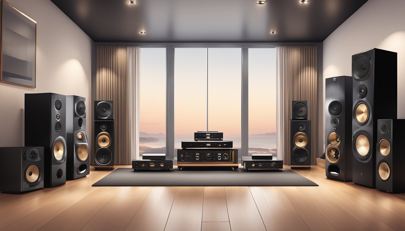 A sleek, modern showroom displays top hifi brands. Shelves hold speakers, amplifiers, and turntables. Soft lighting highlights the luxurious equipment