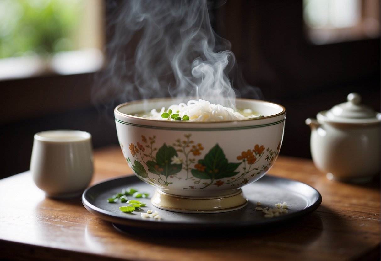 A steaming bowl of homemade Chinese confinement food, filled with nourishing ingredients and traditional herbs, sits on a wooden table