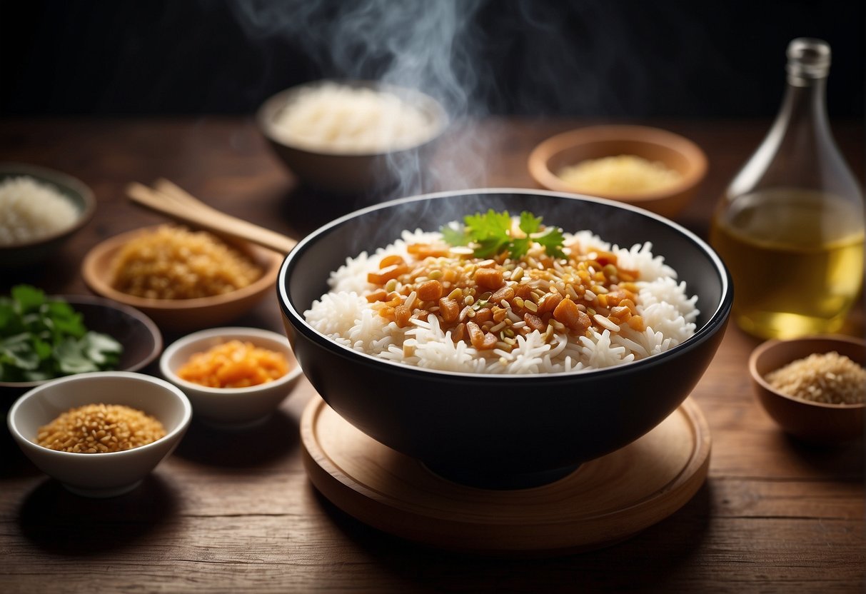 A steaming bowl of traditional Chinese confinement food sits on a wooden table, surrounded by ingredients like ginger, sesame oil, and rice wine