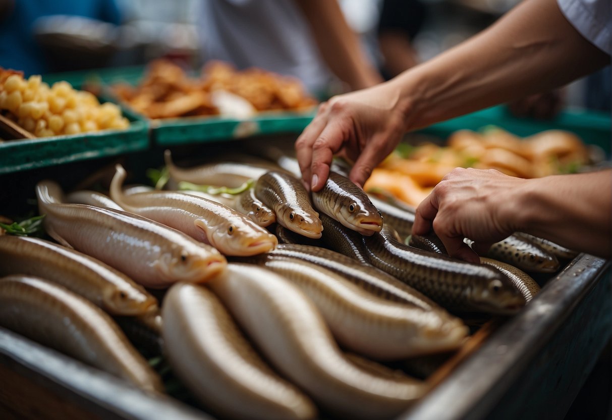 A hand reaches for a conger eel at a bustling Chinese market. Nearby, a chef selects fresh ginger, garlic, and soy sauce