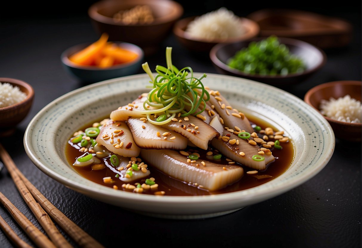 A conger eel being marinated in soy sauce, ginger, and garlic, ready to be stir-fried in a hot wok